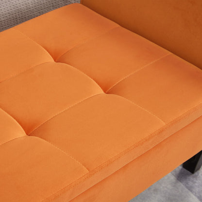 Storage bench with orange velvet upholstery and tufted seat detail