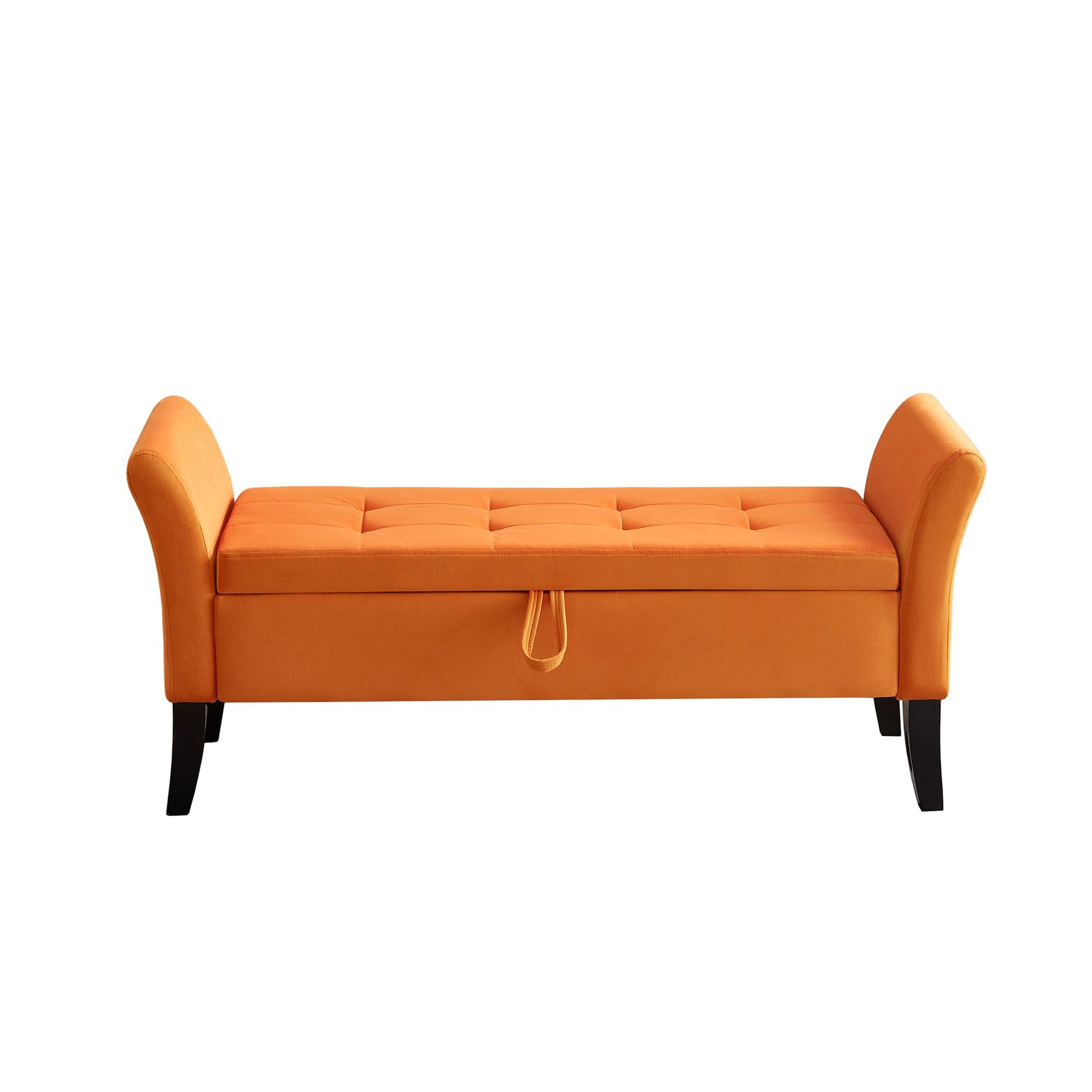 Bed bench with storage in orange velvet - angled view showing storage space