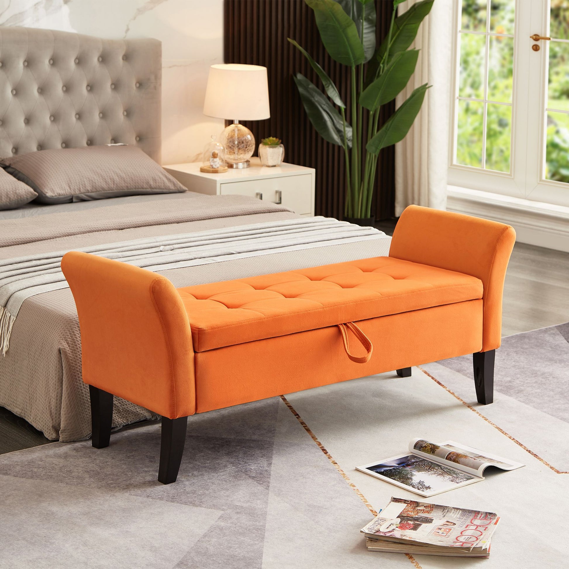51.5 inch orange velvet storage bench with tufted design and curved arms - front view