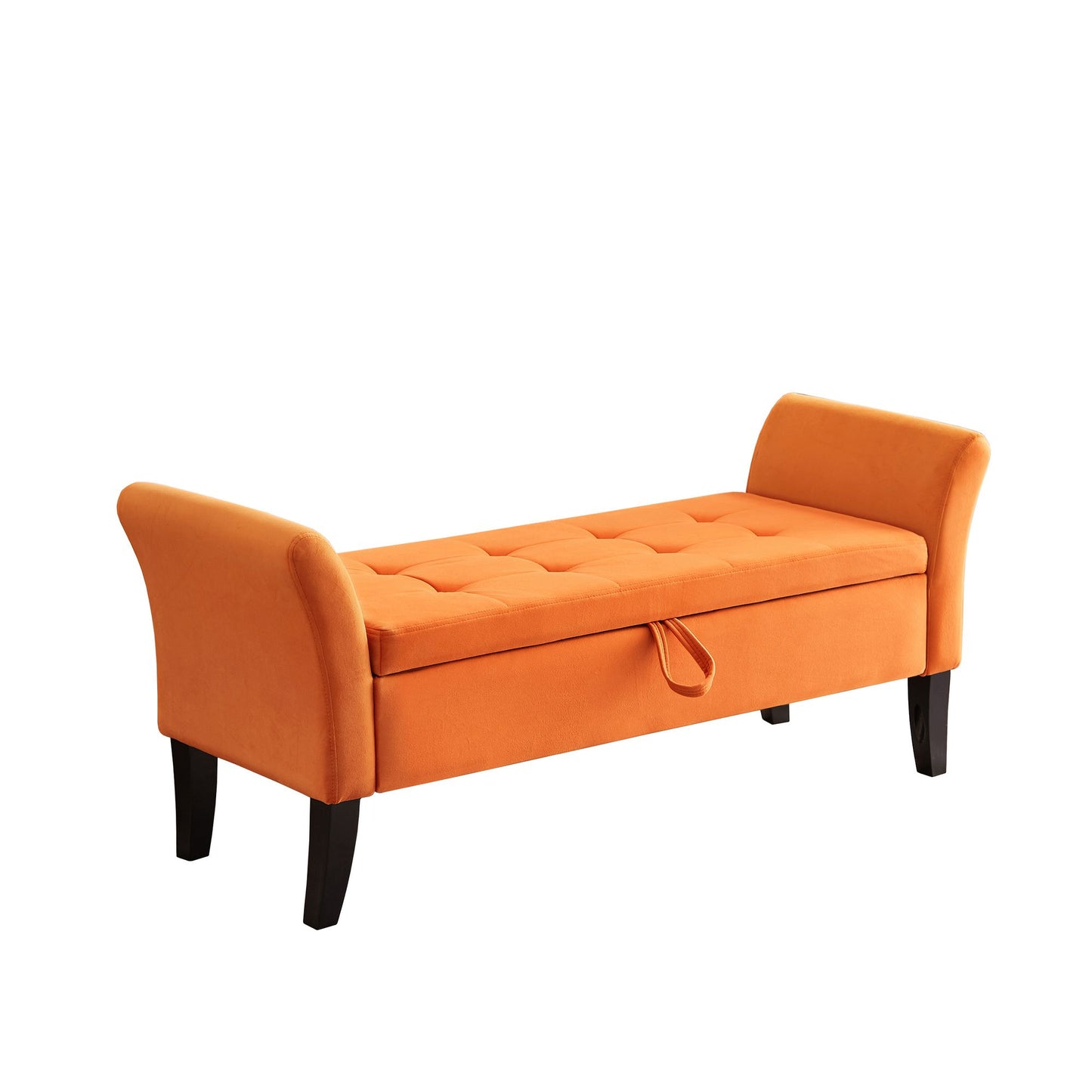 Orange velvet storage bench placed at foot of bed in bedroom