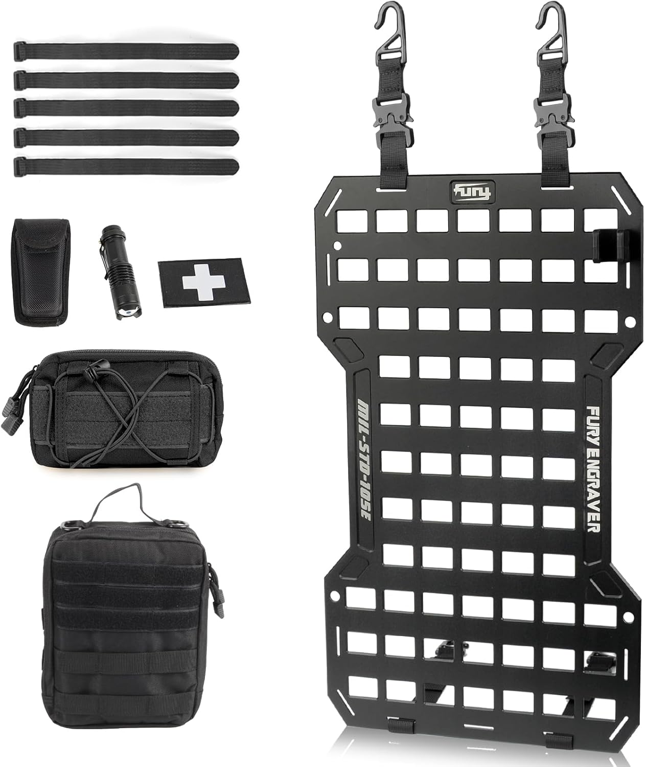 17515 Rigid Molle Panels For Vehicles Truck Mount Rack Panel Tactical Seat Back Organizer with 2 Organizer Storage Bag, 1 Multi-tool Pliers, 1 Flashlight and 5 Fastening Tape image 1