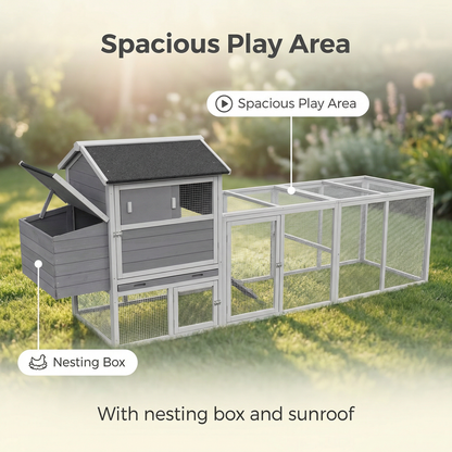Gray Wooden Chicken Coop, Large Outdoor Hen House with Run and Nesting Box Poultry Cage, Rabbit Hutch, Waterproof Anti-UV Panel for Backyard image 12