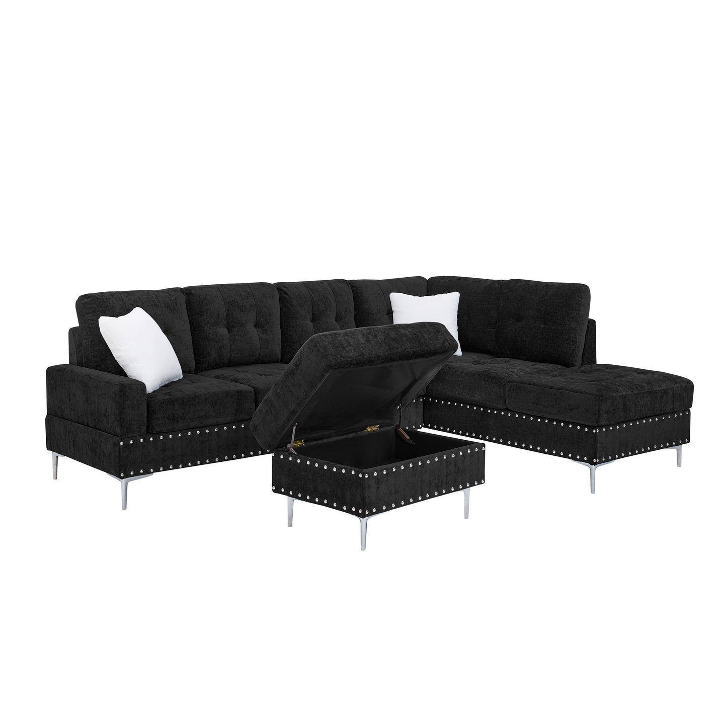 Sectional 3-Seaters Sofa with Chaise, Storage Ottoman, Metal Legs and Copper Nails,Two White Pillows,Black(102" x 76" x35") image 6