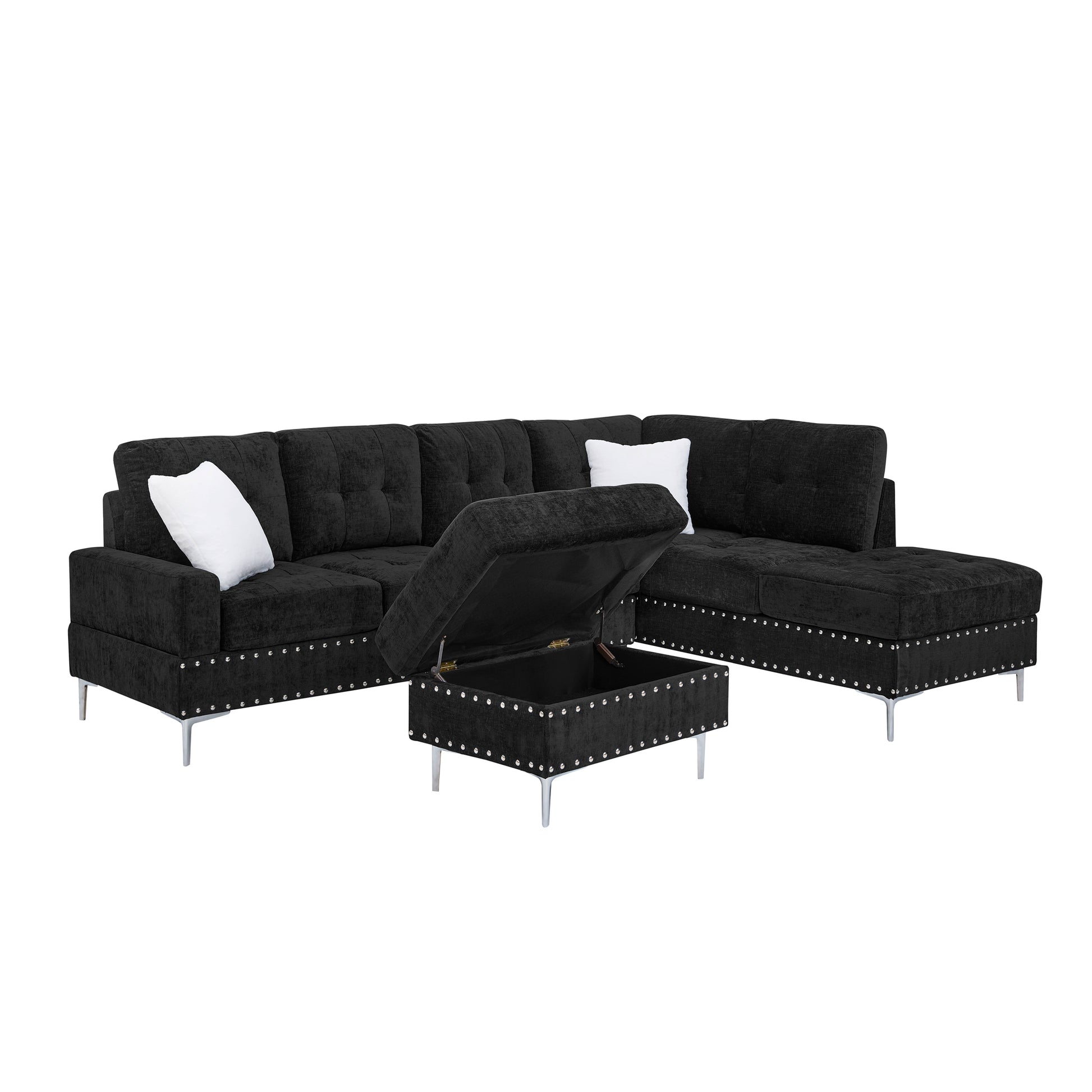 Sectional 3-Seaters Sofa with Chaise, Storage Ottoman, Metal Legs and Copper Nails,Two White Pillows,Black(102" x 76" x35") image 6