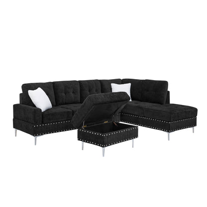Sectional 3-Seaters Sofa with Chaise, Storage Ottoman, Metal Legs and Copper Nails,Two White Pillows,Black(102" x 76" x35") image 6