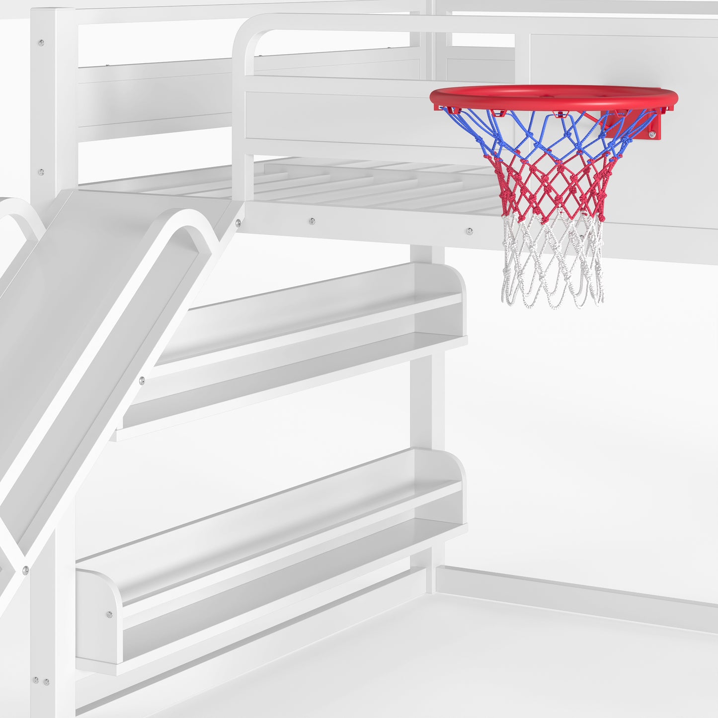 Full size metal loft bed with basketball hoop, pull-up rings, climbing wall, and built-in bookshelves. Playful children's design featuring a slide,White image 12