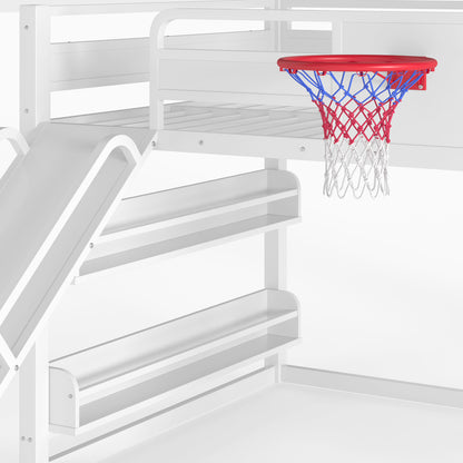 Full size metal loft bed with basketball hoop, pull-up rings, climbing wall, and built-in bookshelves. Playful children's design featuring a slide,White image 12
