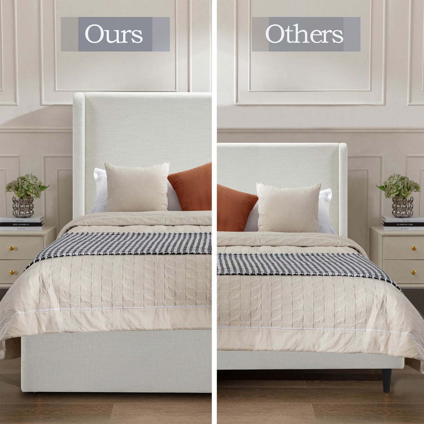 Carmen Upholstered Wingback Bed / Upholstered Platform Bed Frame / 52" High Headboard / Simplicity / Minimalist / No Box Spring Needed / California King / Textured Ivory Canvas / No Noise image 7