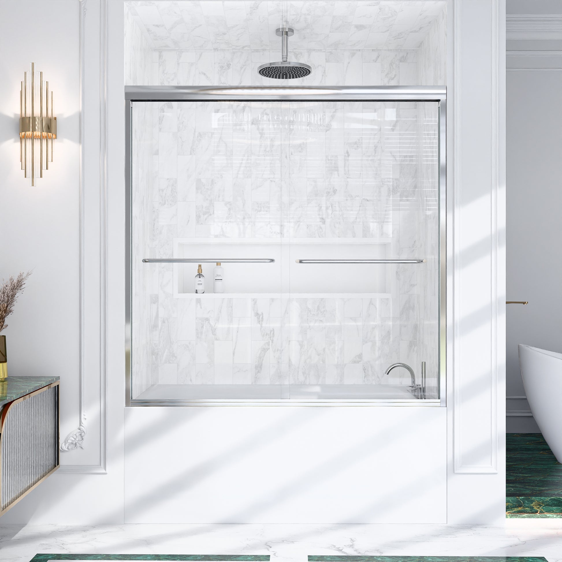 56"-60"W*60" H Semi-Frameless Double Sliding Shower Door, Bypass Shower Door, 1/4" (6mm) Thick SGCC Tempered Glass Door,Chrome image 1