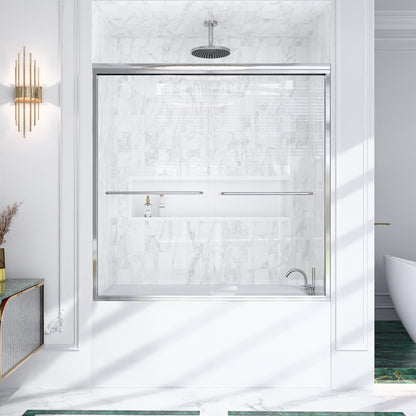 56"-60"W*60" H Semi-Frameless Double Sliding Shower Door, Bypass Shower Door, 1/4" (6mm) Thick SGCC Tempered Glass Door,Chrome image 1