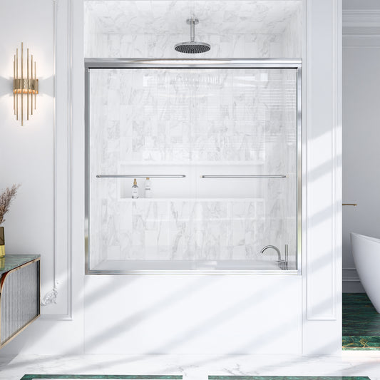 56-60 inch semi-frameless double sliding shower door chrome front view