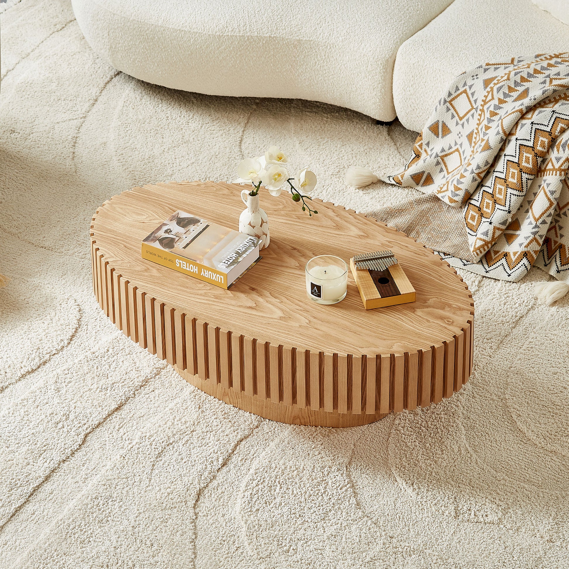 Modern Handcraft Drum Coffee Table Length 43.7 inch Ellipse Coffee Table for Living Room,Oval Small Coffee Table with Sturdy Pedestal,Natural Ash MDF,W2582P251207 image 11
