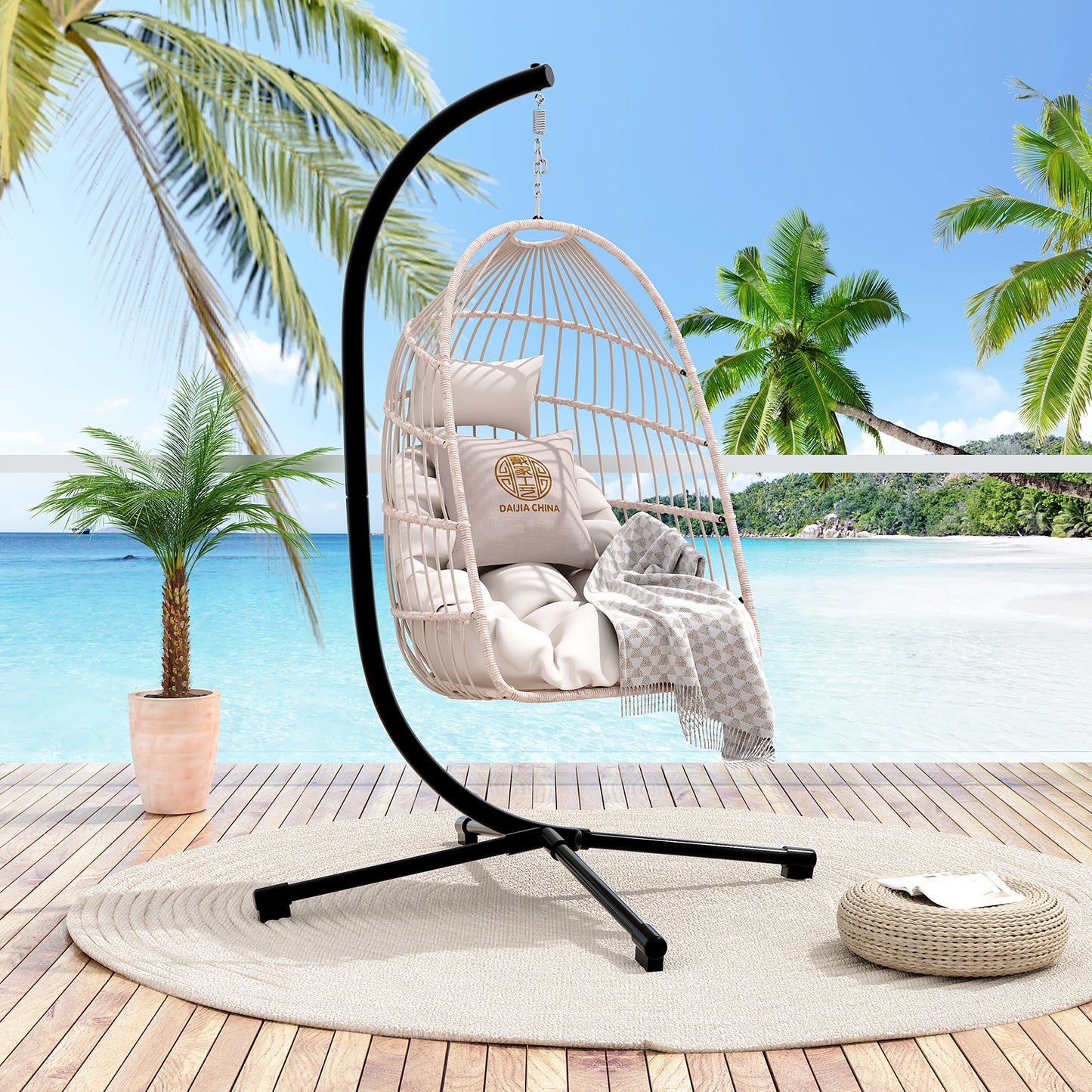 Foldable Hanging Egg Chair with Stand and Pillow, HDPE Rattan and Heavy Duty Aluminum-Steel Frame, Outdoor Patio Wicker Swing Egg Chair with Headrest and Cushioned, 350 Lbs Capacity (White) image 1