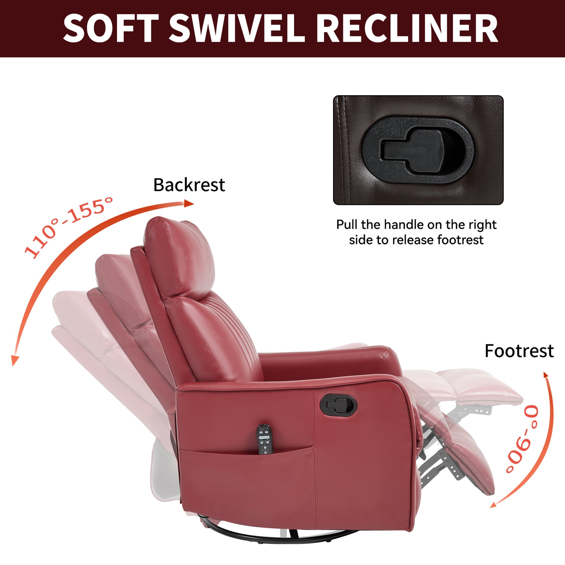 Red Faux Leather Heat Massage Manual Recliner Chair with Rocker and Swivel for Living Room image 7