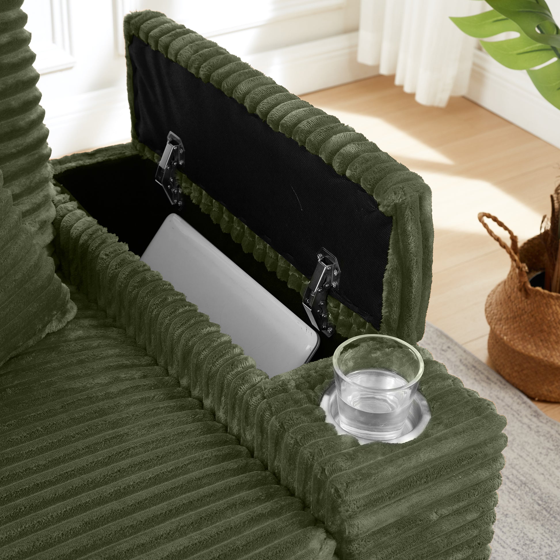 Fluffy Corduroy Storage Armrest Sofa,Single Versatile Seat with Ottoman,Cup Holder,Bluetooth Speaker,USB Ports,180°Rotating Table Board,For Living Room,Bedroom and Apartment image 5