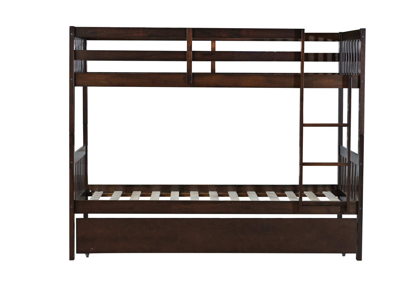 Twin Over Twin Rubber Wood Bunk Bed with Trundle, Convertible into Twin Size Beds, Twin Size Bunk Bed with Ladder and Safety Guardrails,Espresso image 3