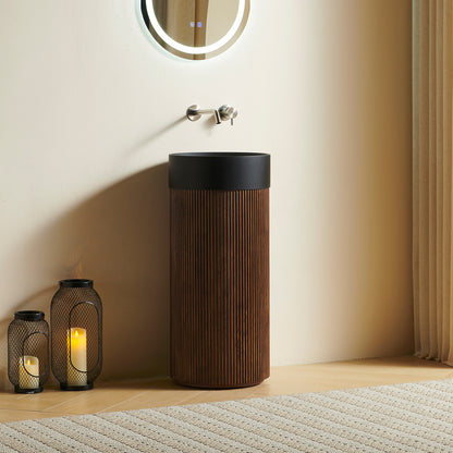 JINBO 16" Freestanding Cylindrical Cabinet,Black Round Solid Surface Basin without Faucet Hole, NO Sink Cover, NO Faucet and Drain Set, Walnut Woodgrain Color image 2