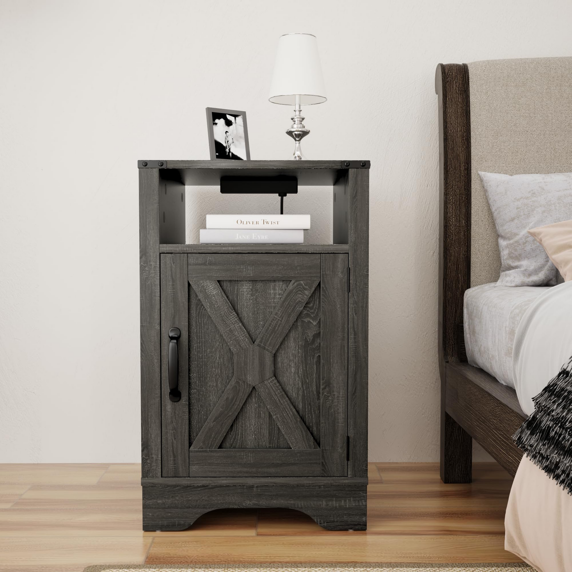 Farmhouse Nightstand with Charging Station Wooden Rustic End Table for Bedroom, Living Room, 16" D x 16" W x 25" H(Set of 1), Dark Grey image 8