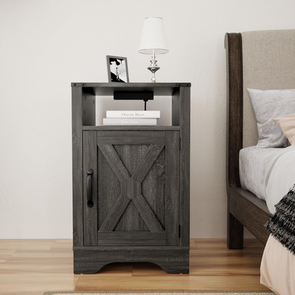 Farmhouse Nightstand with Charging Station Wooden Rustic End Table for Bedroom, Living Room, 16" D x 16" W x 25" H(Set of 1), Dark Grey image 8