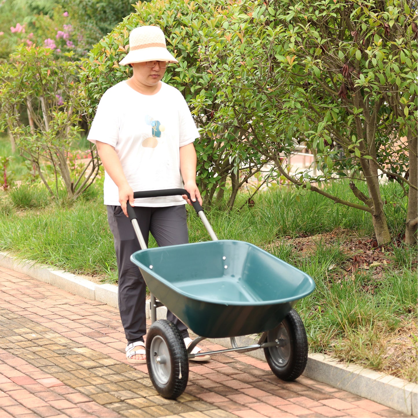 wheel barrow Two wheeled trolley for green garden 15 inch pneumatic wheel WB1001GN image 5