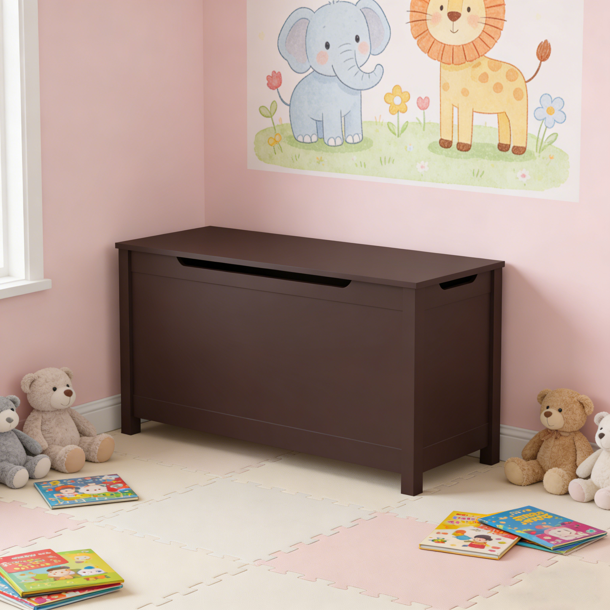 Kids Wooden Toy Box Storage with Safety Hinged Lid for Ages 2+ (Coffee) image 10