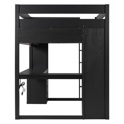 Full Size Solid Wood Loft Bed with L-Shaped Desk and 4 Drawers, Ash Veneer High Loft Bed with Smart APP Control LED Light Strip, USB Charging Ports and 4-Tier Open Shelves, Black image 10