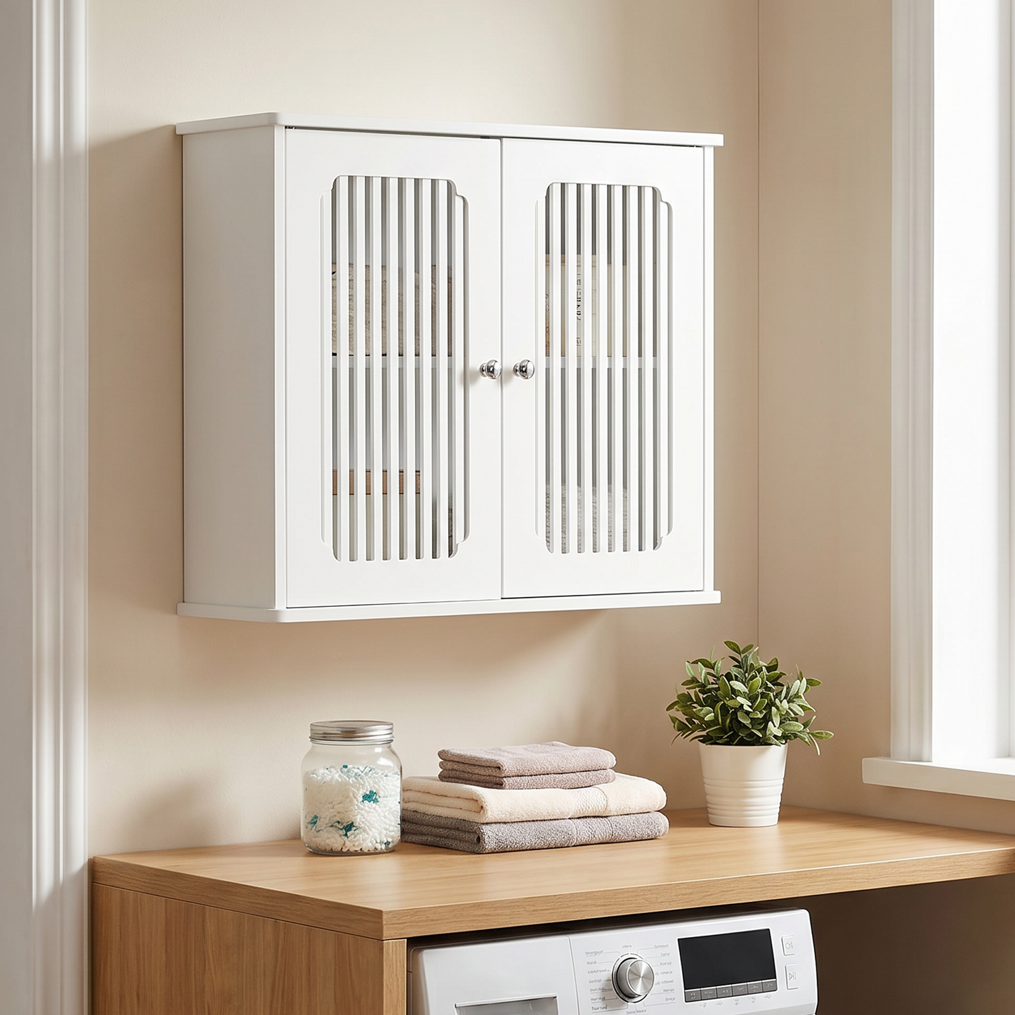 Bathroom wall-mounted cabinet, louvered double-door wall-mounted bathroom storage cabinet, practical medicine cabinet, household wall storage cabinet, white. image 9