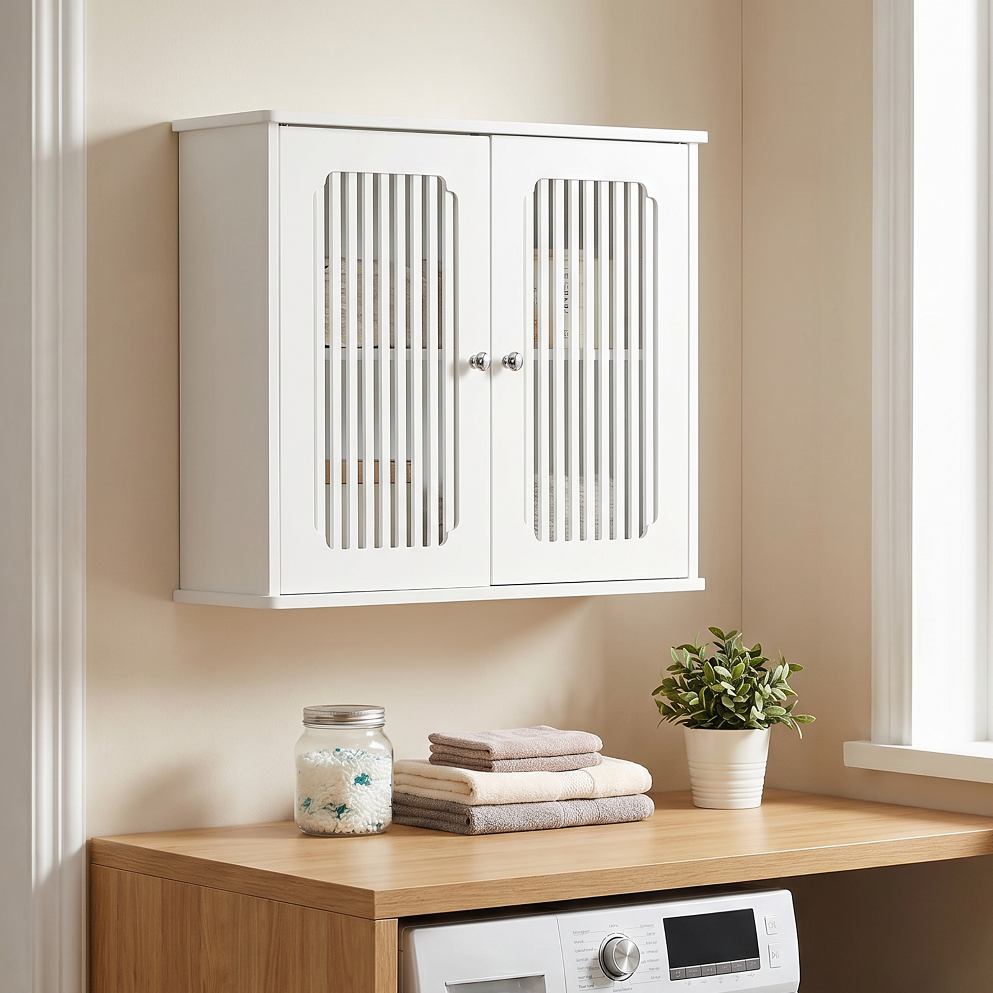 Bathroom wall-mounted cabinet, louvered double-door wall-mounted bathroom storage cabinet, practical medicine cabinet, household wall storage cabinet, white. image 9