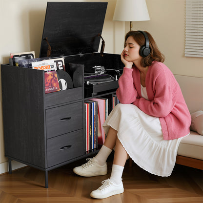 Eco-Friendly Record Player Stand with Flip-Top - Wood Vinyl Storage Cabinet with 2-Outlet Power Strip, Drawers & Dustproof Cubbies, Media Console for Living Room/Study, Black image 8