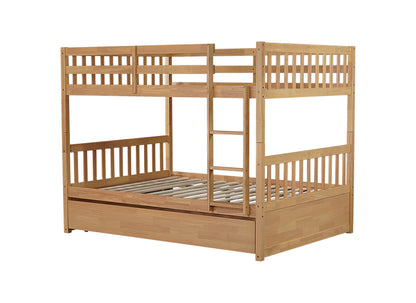 Full Over Full Rubber Wood Bunk Bed with Trundle, Ladder and Guardrails, Convertible to 2 Full Size Beds, with Twin Size Trundle,Natural (Old Sku W504S00180) image 3