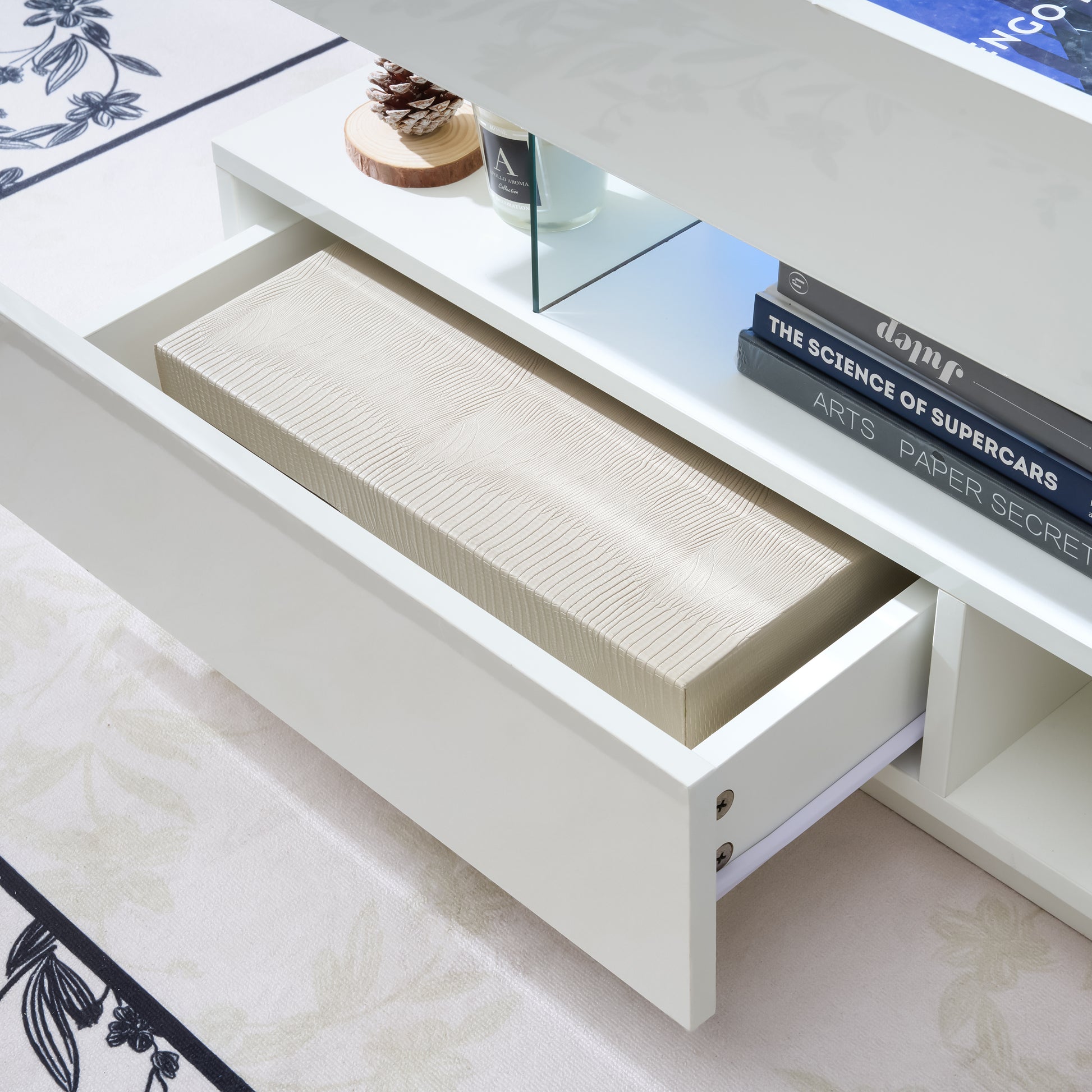 39.3" Lift Top Coffee Table with Hidden Compartment, 2 Storage Drawers and Ajustable LED Lights,Modern Multifunction Coffee Tables for Living Room, Bedroom,Office(White) image 12