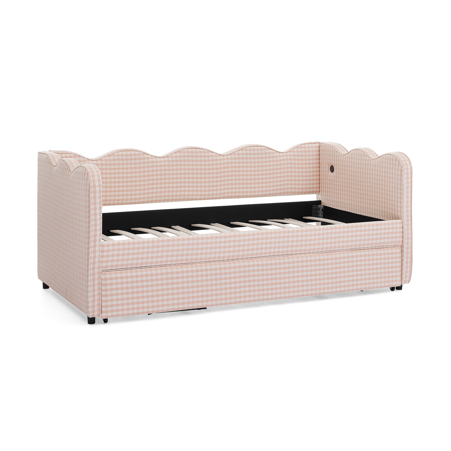 Cozy Gingham Daybed with Trundle Twin Size Sofa Bed No Box Spring Needed, with USB Port and Adorable Wave Shaped, Linen Fabric, Pink image 11