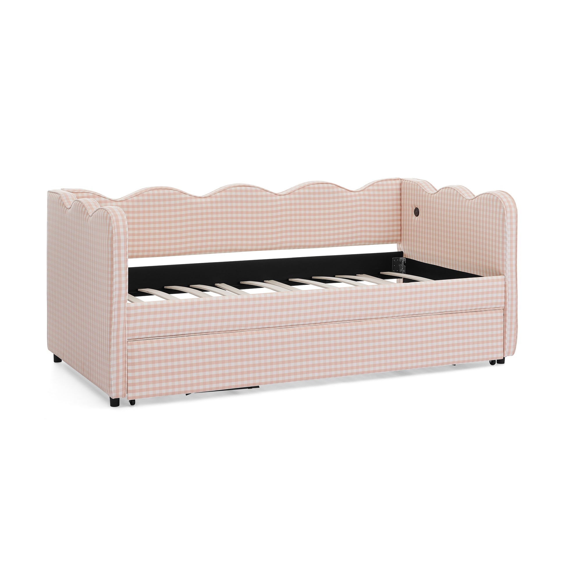 Cozy Gingham Daybed with Trundle Twin Size Sofa Bed No Box Spring Needed, with USB Port and Adorable Wave Shaped, Linen Fabric, Pink image 11