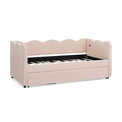 Cozy Gingham Daybed with Trundle Twin Size Sofa Bed No Box Spring Needed, with USB Port and Adorable Wave Shaped, Linen Fabric, Pink image 11