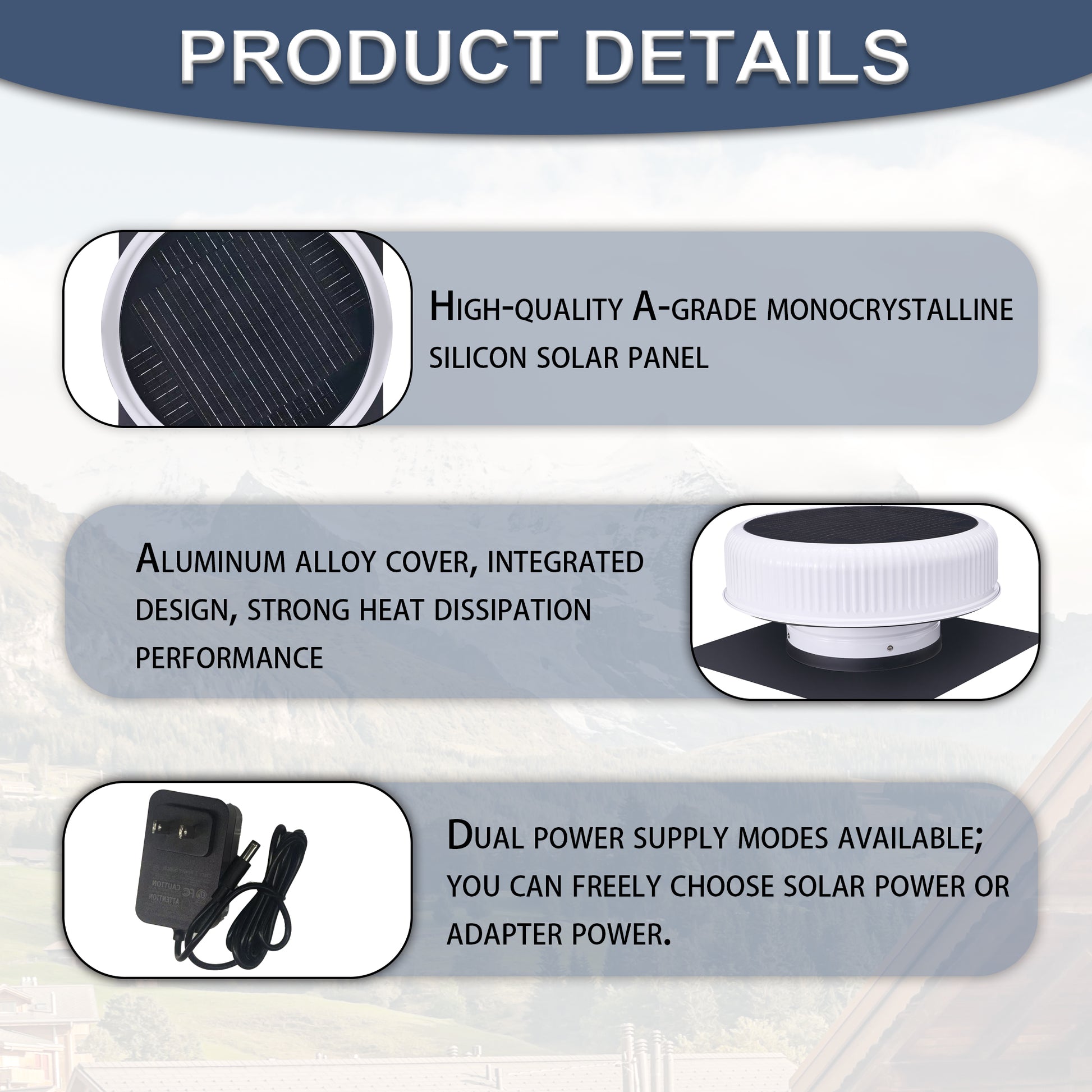 12" Flush Mount Round Solar Roof Vent Fan,30W Dual Power White Attic Exhaust Fan,3-Speed Remote & 25°C Auto Ventilation,1200 CFM,MPPT Controller Solar Ventilator Solar Vent for Attic Garage Greenhouse image 8