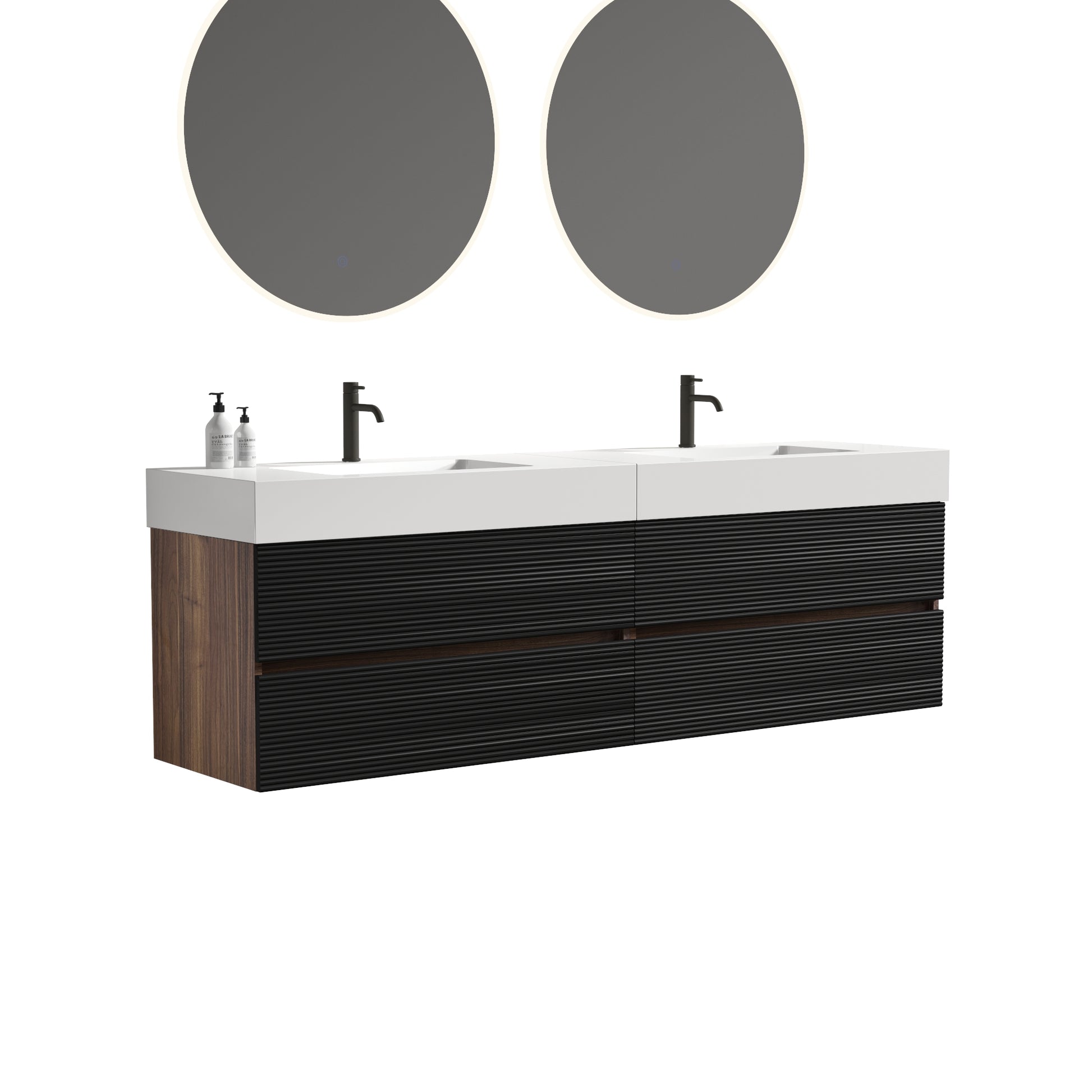 Grace 72''(36Inch*2) Bathroom Vanity with Matt Black Engineered Quartz Sink and Soft Black Drawers, Wall Mounted Floating Bathroom Vanity, One-Piece Glossy White Basin, KD image 9