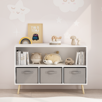 Kids bookcase with Collapsible Fabric Drawers, Children's Book Display, Toy Storage Cabinet Organizer, White/Gray image 3