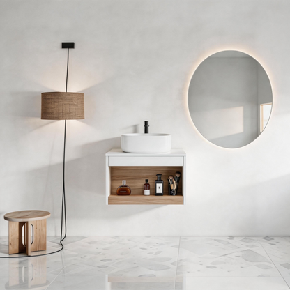 24" Floating Bathroom Vanity with Glossy White Round Vessel Sink, Wall-Mounted Vanity with Open Shelf Storage, White Finish with Durable Countertop, Space-Saving Modern Design (Ships in 2 Boxes) image 2