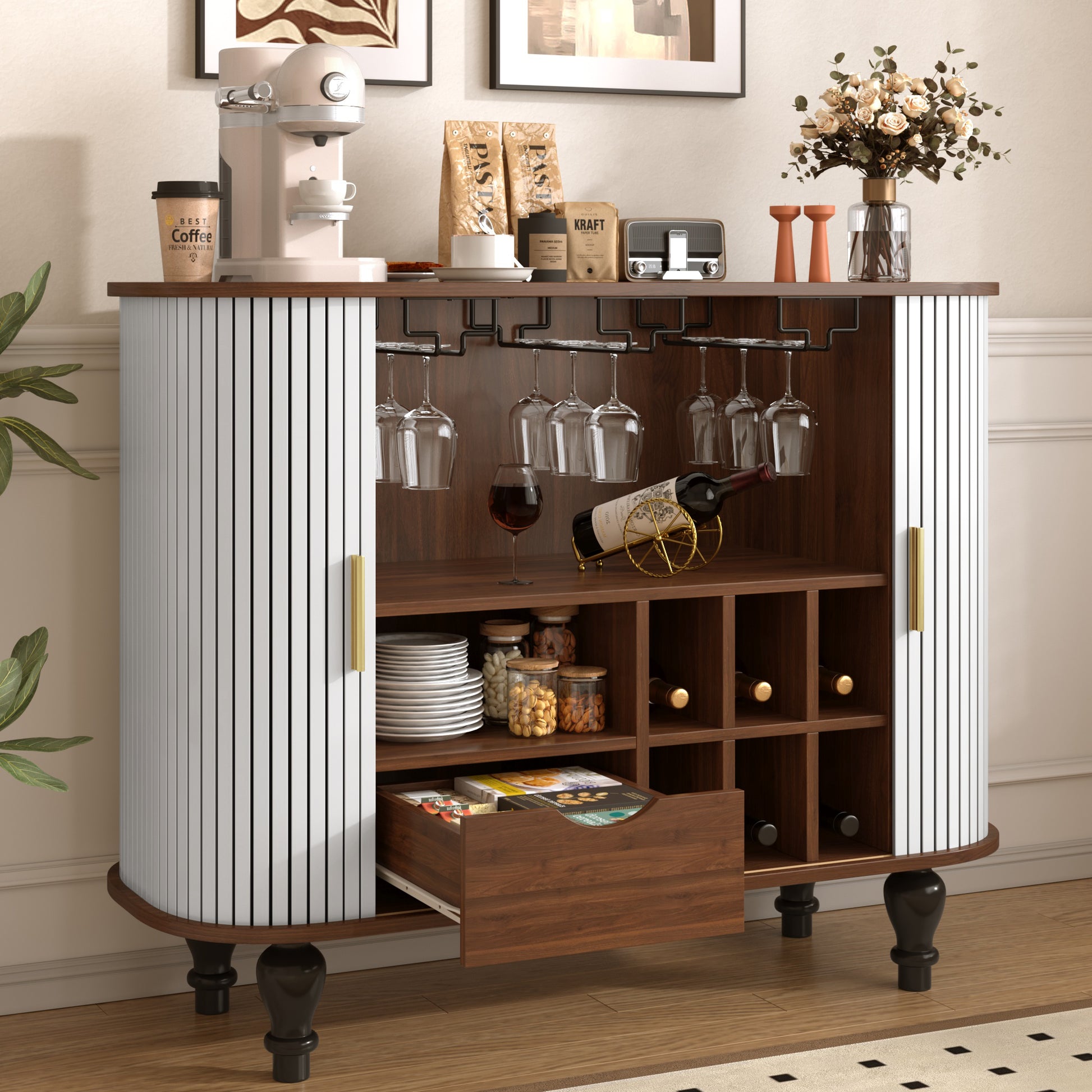 39" Fluted Liquor & Coffee Bar Cabinet with 6 Wine Racks and 3 Glass Holders, Mid-Century Modern Bar Cabinet with A Large Storage Drawer,4 Hidden Storage Space on the Side, White image 1