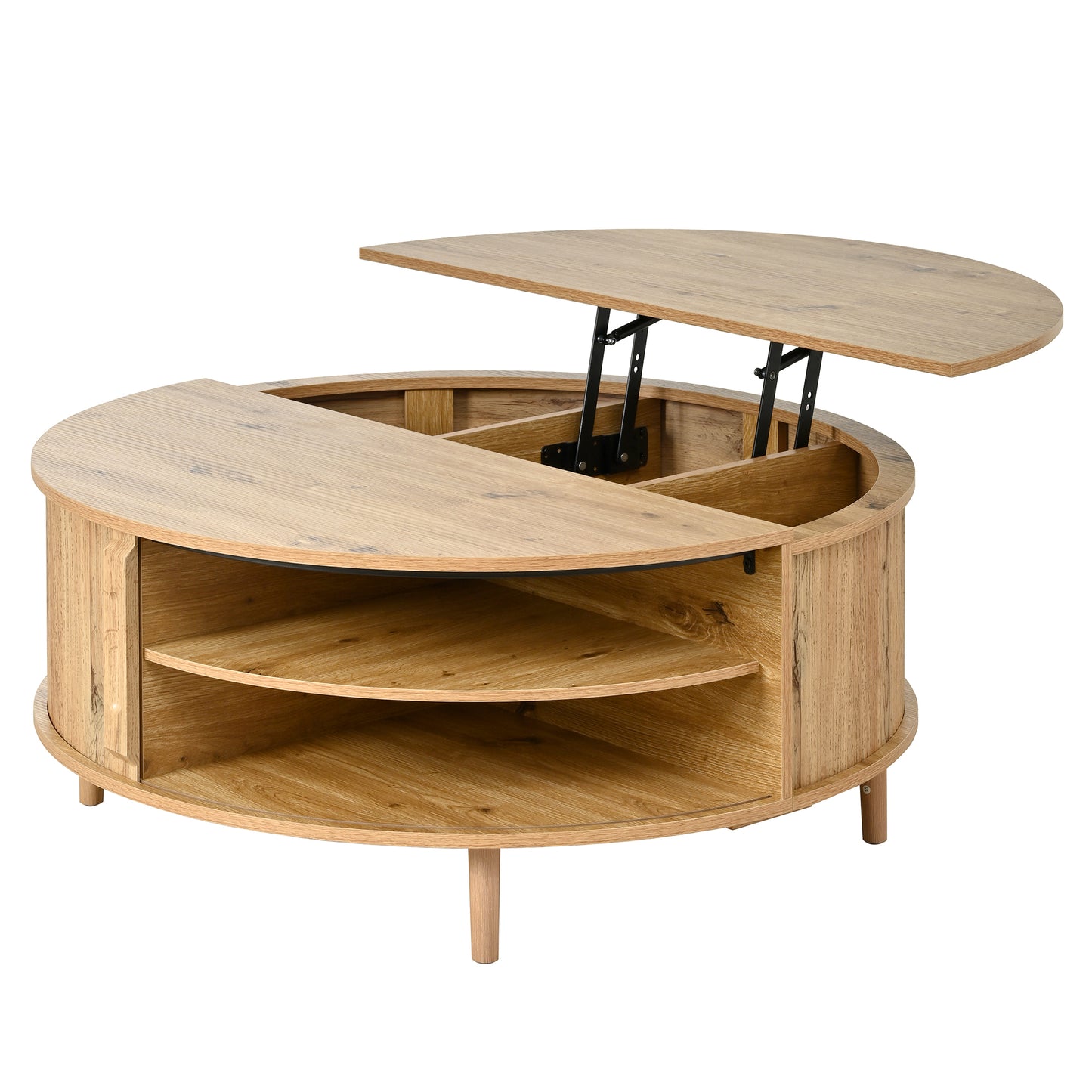 U-Can Minimalist Round Lift-Top Coffee Table with Hidden Storage, Sliding Door, Pine Legs, and Wood Wave Finish image 11