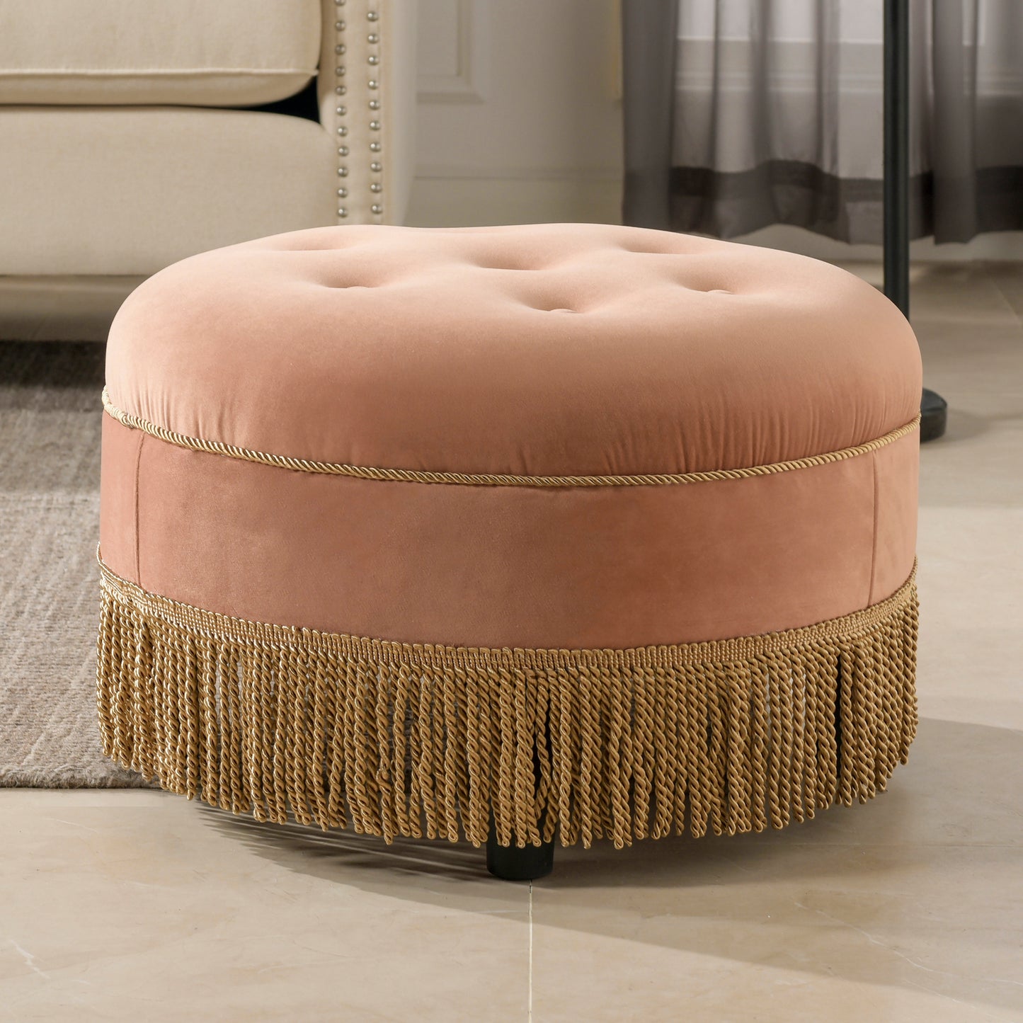 Yolanda 24" Round Upholstered Accent Ottoman, Peach Orange Velvet with Gold Trim image 1