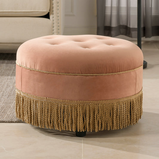Yolanda 24" Round Upholstered Accent Ottoman, Peach Orange Velvet with Gold Trim image 1