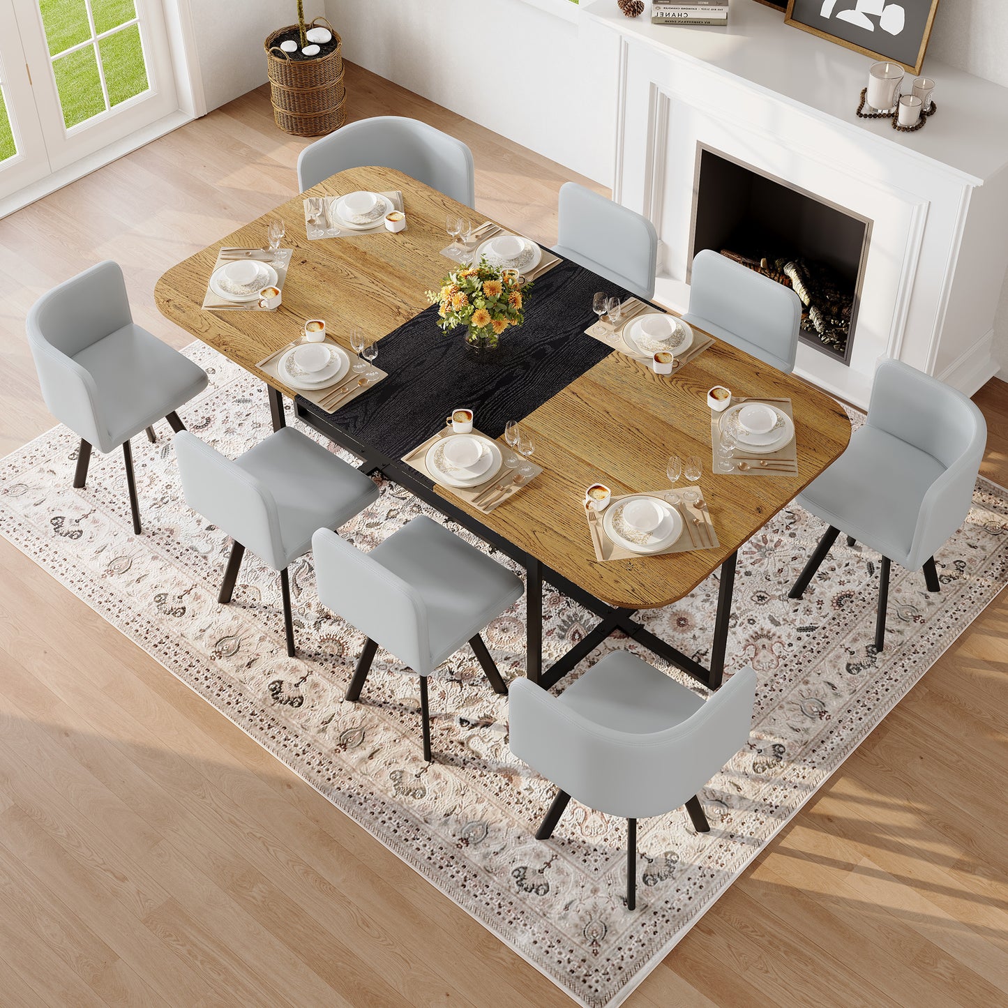 9-Piece Square Dining Table Set, Fixed Two-Tone Wood Grain & Black Wood Grain Triamine Tabletop with 8 Gray PU Leather Chairs, Modern Kitchen Table Set for 8 People, Ideal for Family Gatherings image 5