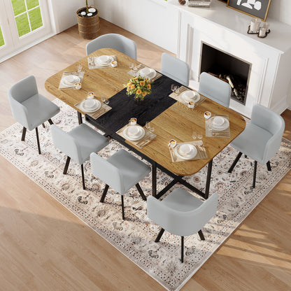 9-Piece Square Dining Table Set, Fixed Two-Tone Wood Grain & Black Wood Grain Triamine Tabletop with 8 Gray PU Leather Chairs, Modern Kitchen Table Set for 8 People, Ideal for Family Gatherings image 5