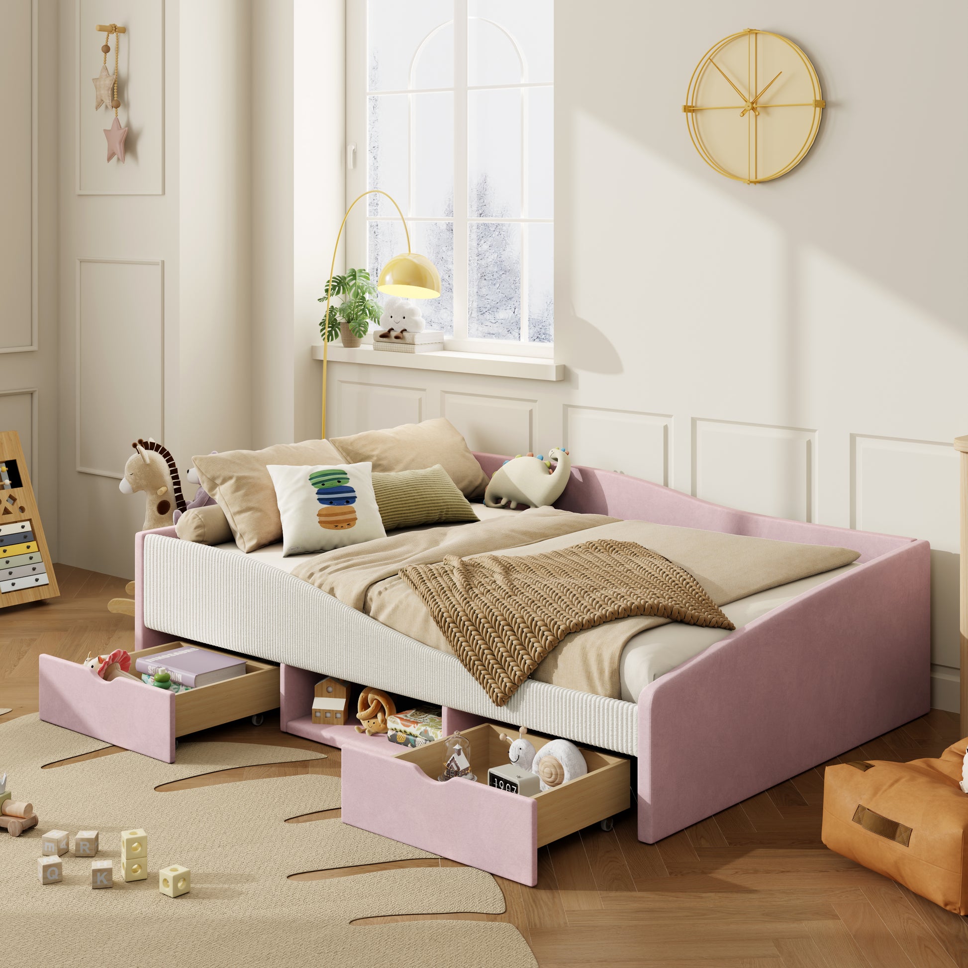 Full Size Upholstered Daybed Frame with 2 Storage Drawers, Pink image 2