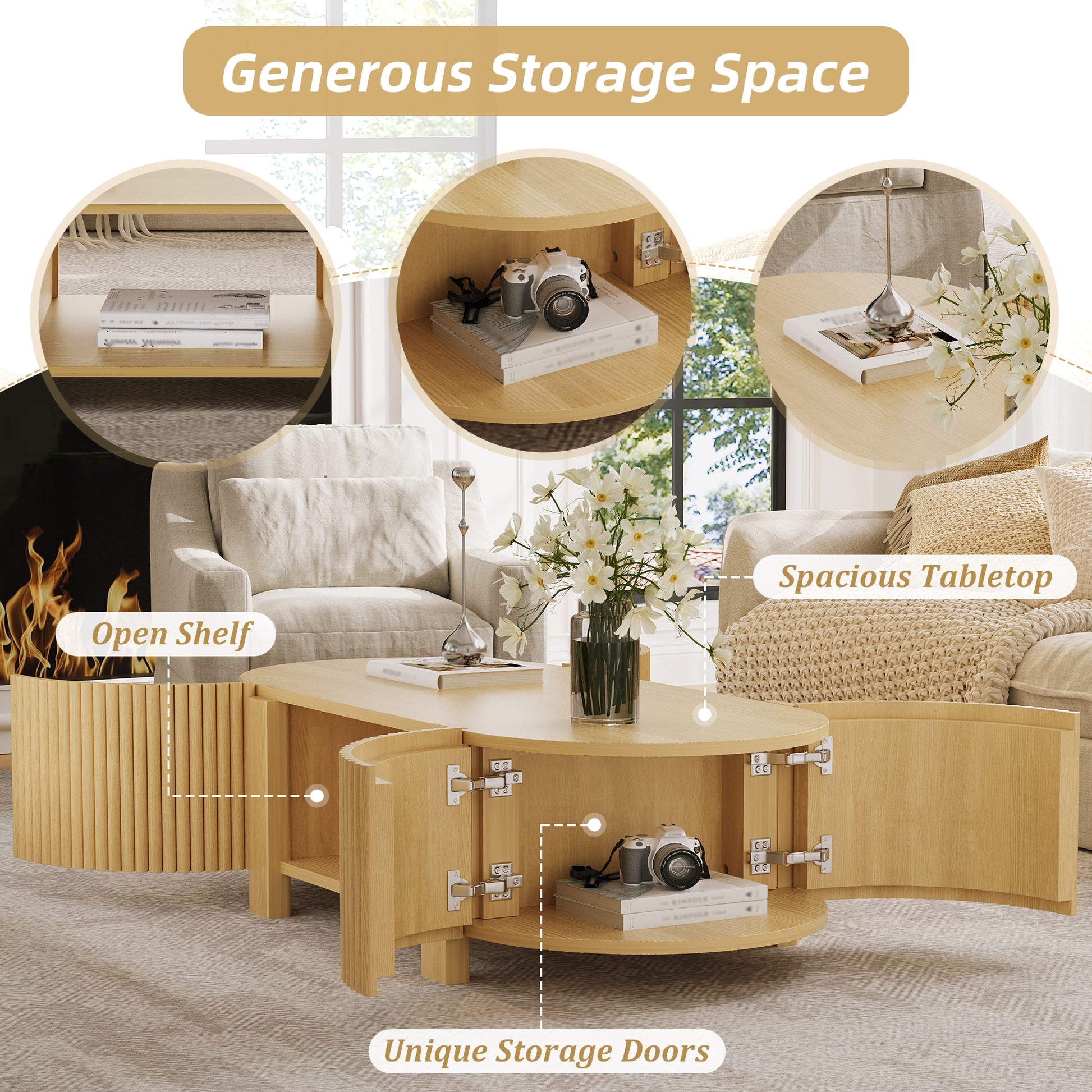 Oval Fluted Coffee Table with Storage for Living Room, Rubber Solid Wood, 1 shelf & 2 Open Storage Doors, Natural, 47" image 10