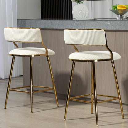 (SET of 2) 26'' Counter height bar stools Corduroy kitchen island counter bar stool with back,golden chromed base and footrest (BEIGE) image 7