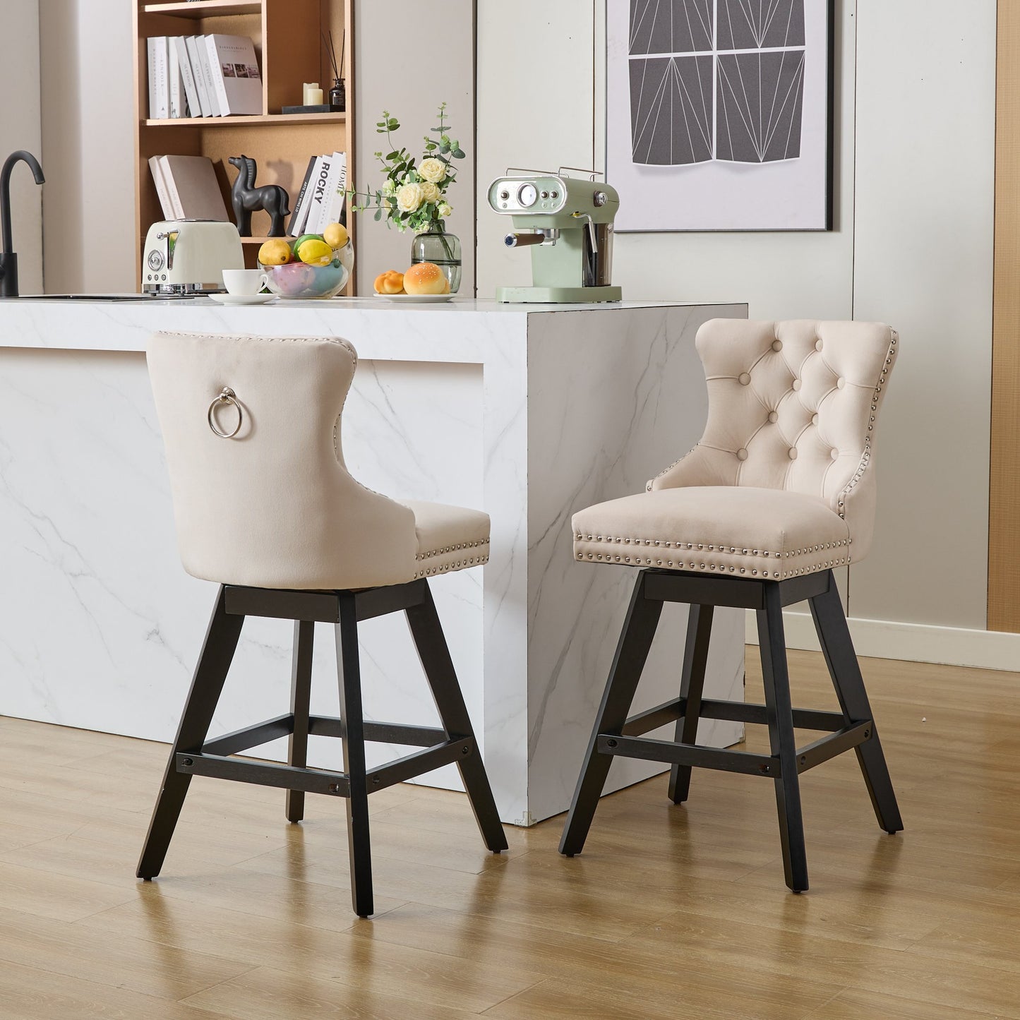Swivel Velvet Barstools with Button Tufted Decoration and Wooden Legs, and Chrome Nailhead Trim, Leisure Style Bar Chairs,Bar stools, Set of 2 (Beige),SW1860BG image 1
