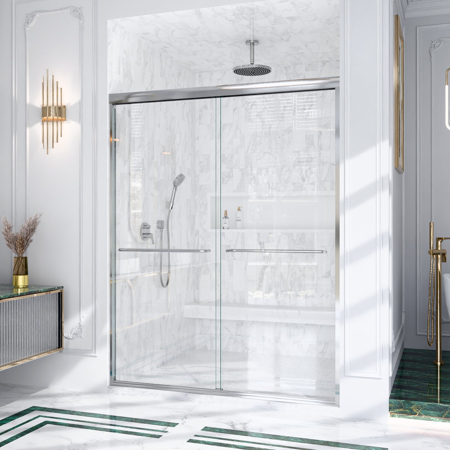 (NEW) 56"-60"W*72" H Semi-Frameless Double Sliding Shower Door, Bypass Shower Door, 1/4" (6mm) Thick SGCC Tempered Glass Door, Chrome image 3