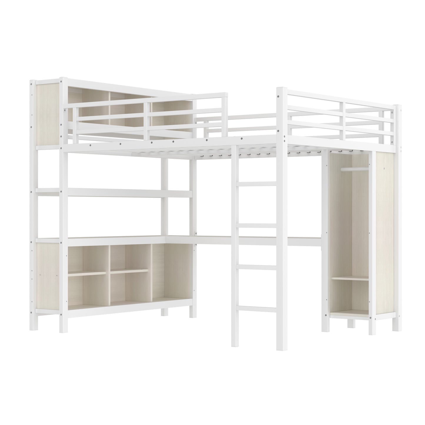 Metal Loft Bed with Wardrobe And L-shaped Desk, Queen Size Loft Bed with Storage Cubes and Shelves, Heavy Duty Loft Bed for Kids Teens Adults, White Wood-grain image 9